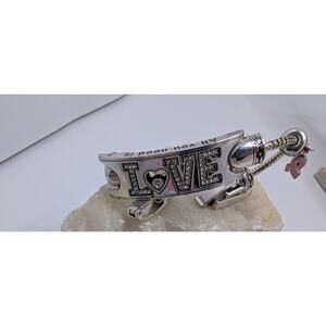 Brighton LOVE Silver Tone Adjustable Bracelet with Pink Ribbon Charm